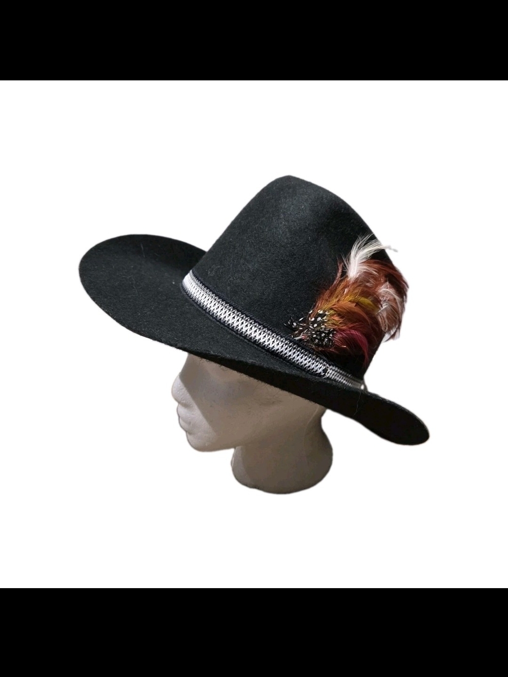 Black Wool Fedora Hat with Feather Accent - Men